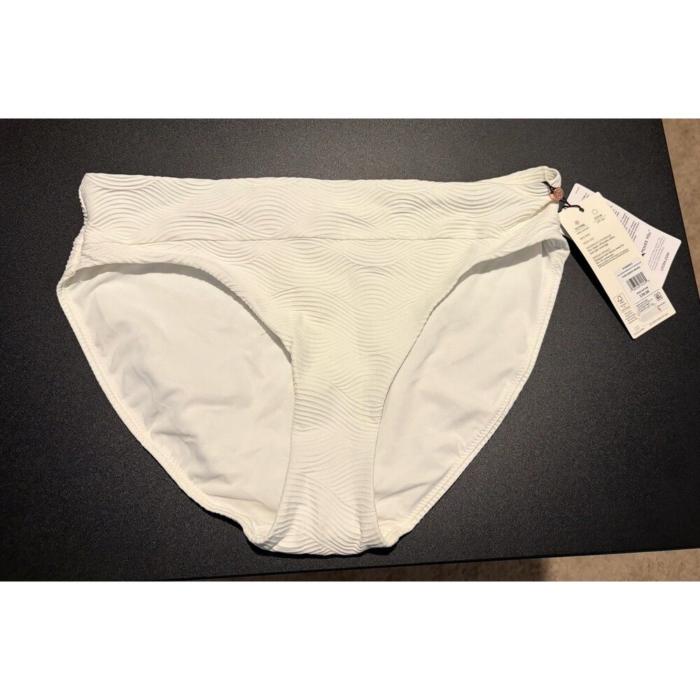 CALIA Womens Wide Banded Bikini Bottom Small White Textured High Leg NWT